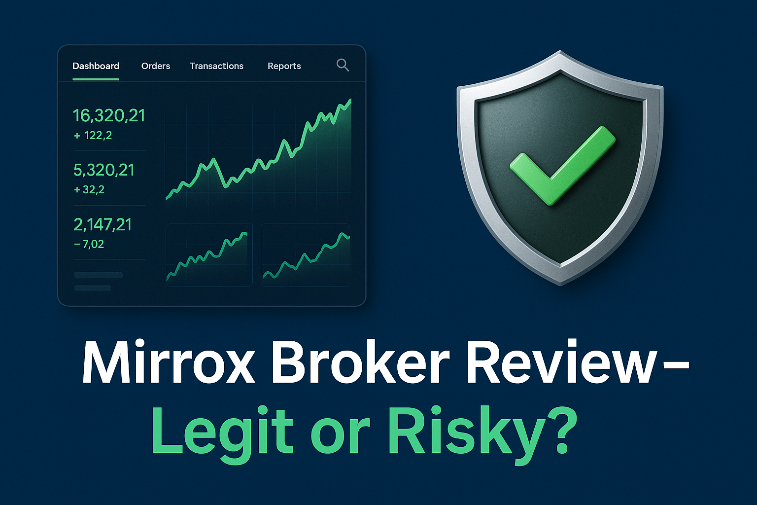 A split image: Left side shows a modern trading platform dashboard with green upward charts (suggesting growth & success) Right side shows a shield icon with a checkmark, representing trust and legitimacy Overlay Text: “Mirrox Broker Review – Legit or Risky?”