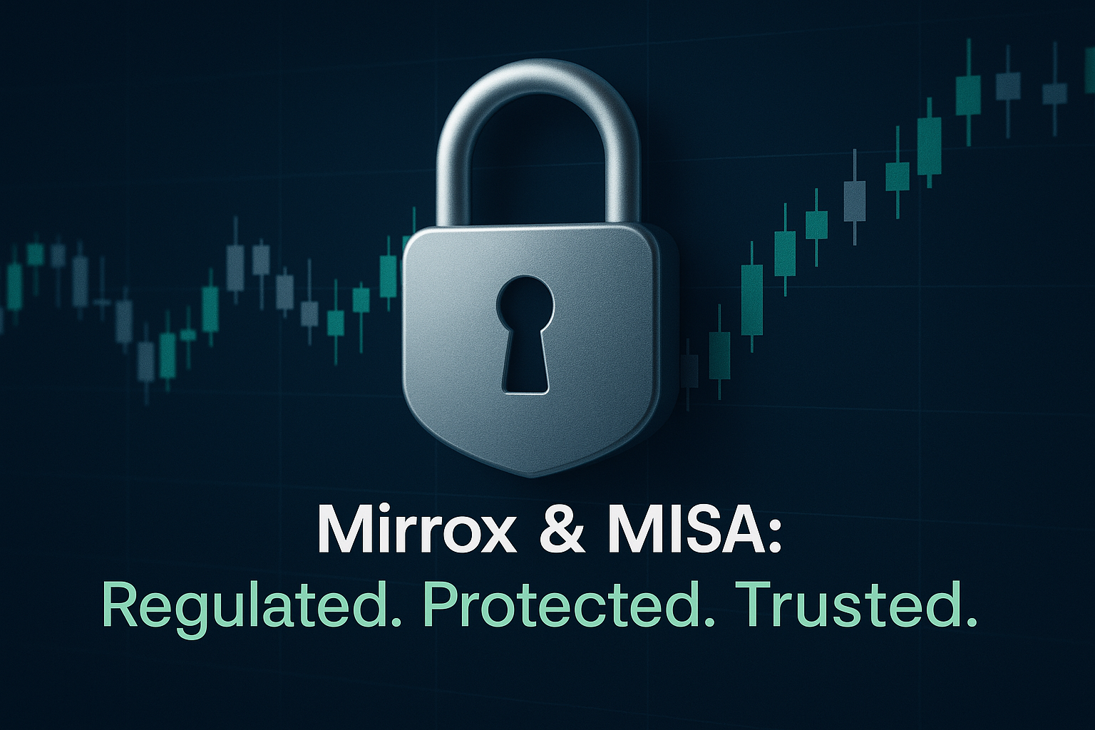 visual of a lock overlaid on a candlestick chart, symbolizing security in trading, with text overlay: “Mirrox & MISA: Regulated. Protected. Trusted.”